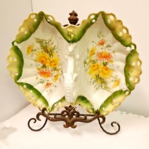 C T Carl Tielsch Double Sided Handle Lobster Bowl Ceramic Floral Rare Unique